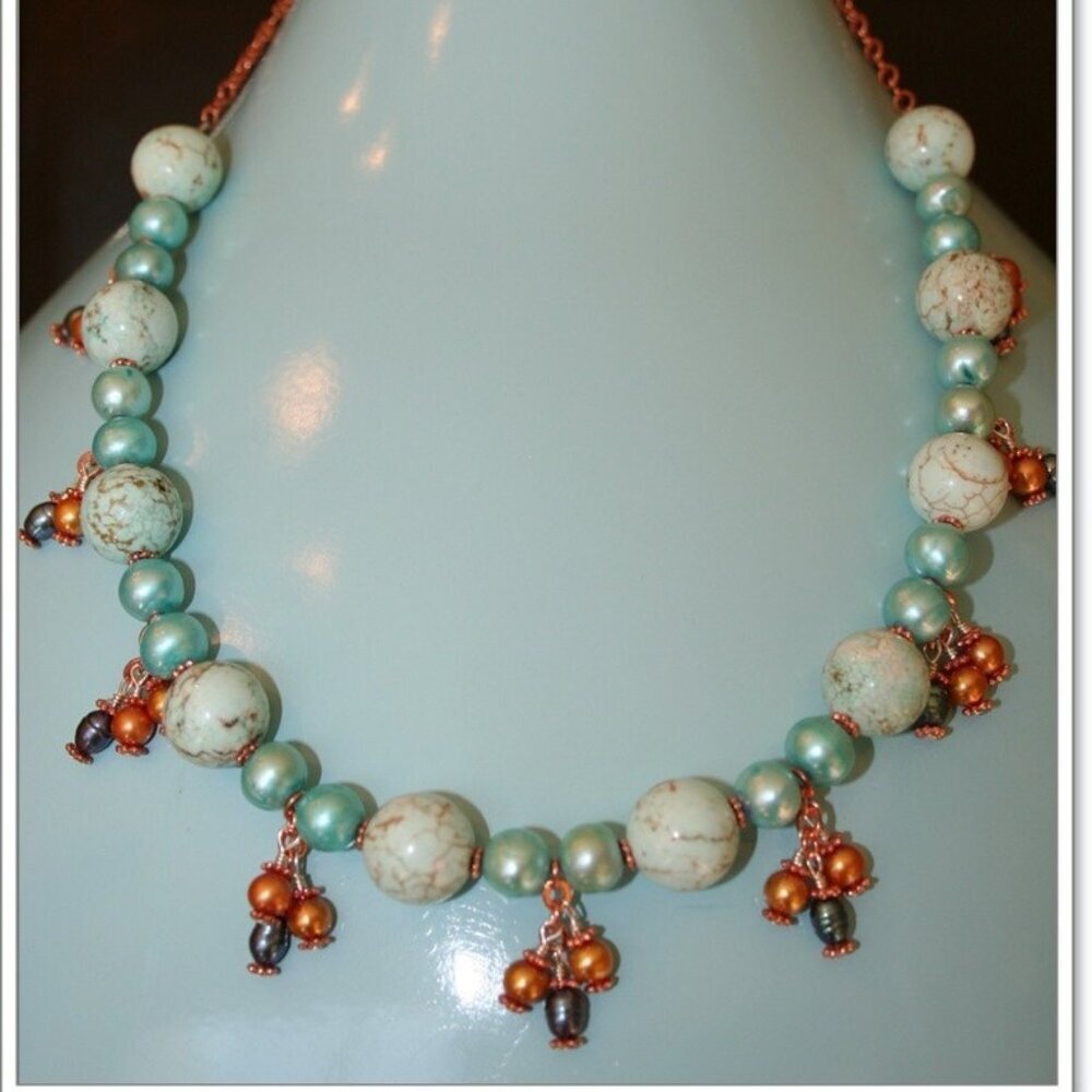 Hand made copper chain necklace semi precious stones blue Magnesite‎ beaded